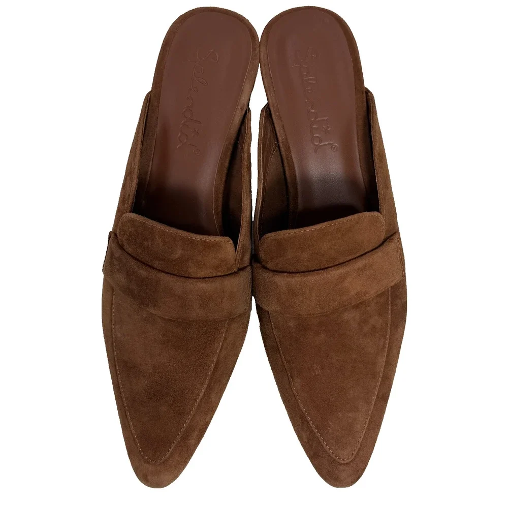 Splendid Loretta Suede Mules 8.5 Brown Pointed Toe Block Heel SlipOn Leather EUC - Picture 2 of 8